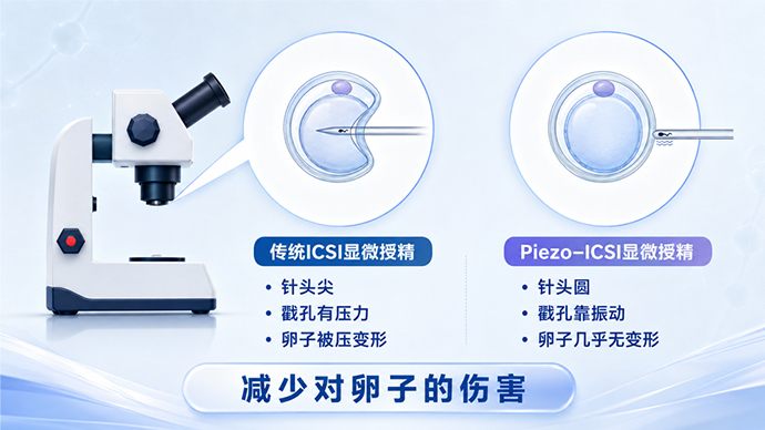 传统ICSI与Piezo-ICSI受精操作对比 传统ICSI斜面注射针机械穿刺与Piezo-ICSI平口超音振动穿刺对比示意图,Piezo技术卵子几乎零损伤