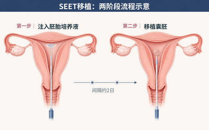 SEET移植两阶段流程示意图：第一步注入胚胎培养液，第二步间隔约2日后移植囊胚